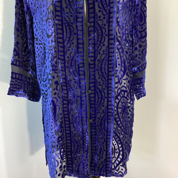 VINTAGE BOB MACKIE WEARABLE ART SIZE SMALL ROYAL BLUE BURNOUT TUNIC BLOU… - Picture 10 of 10